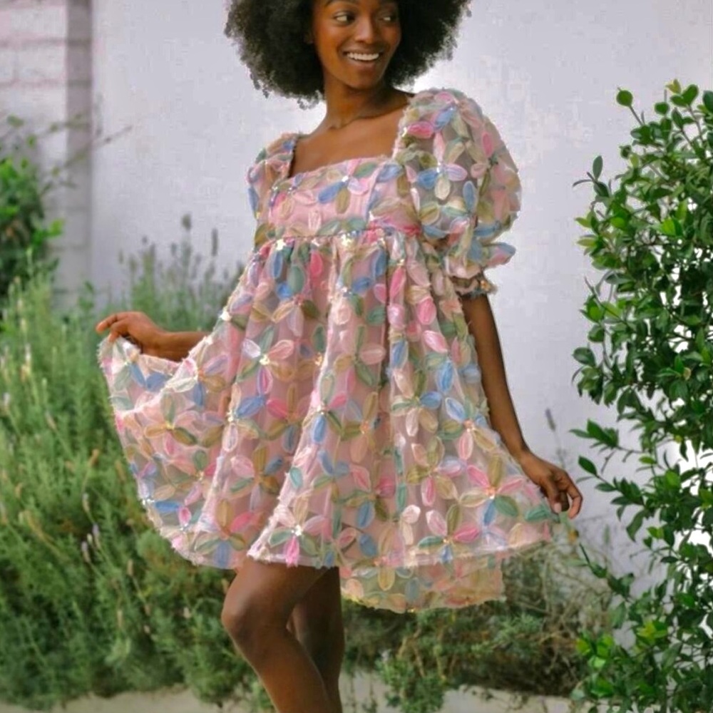 STORIA pastel floral appliqué babydoll dress